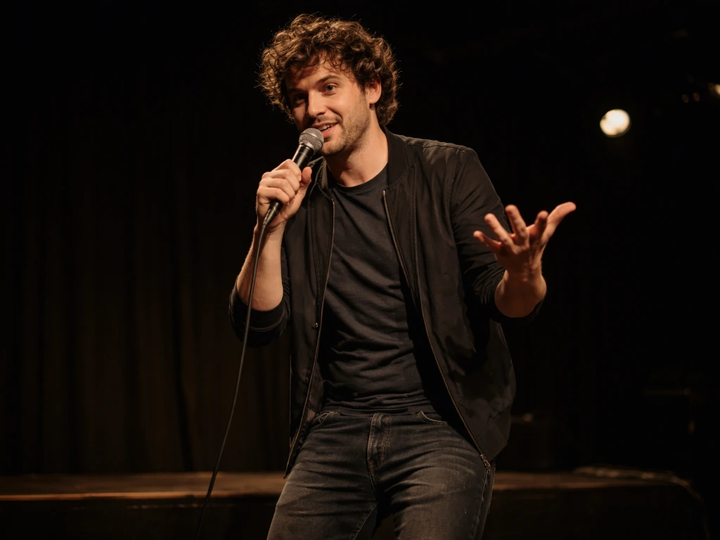 Musician-comedian performing on a small stage with a handheld microphone under warm spotlight