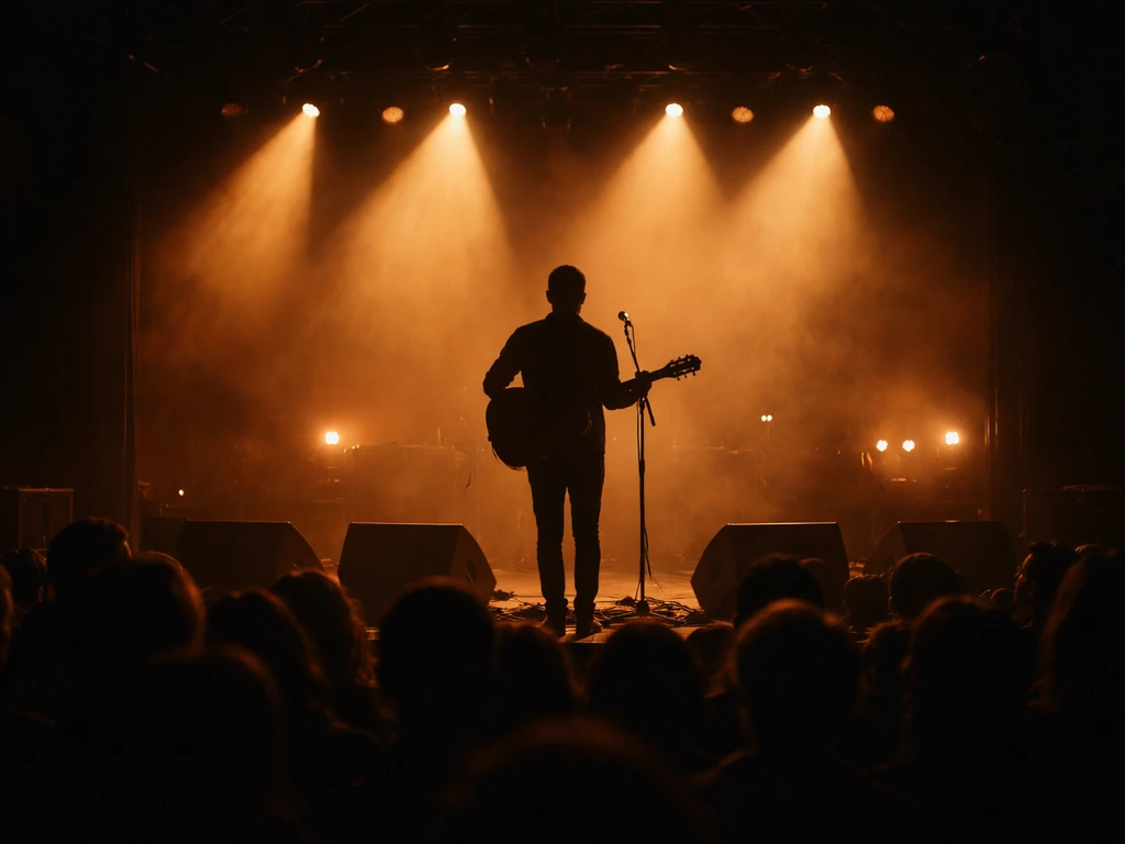Musician performing on a small stage under warm spotlights in a quiet auditorium