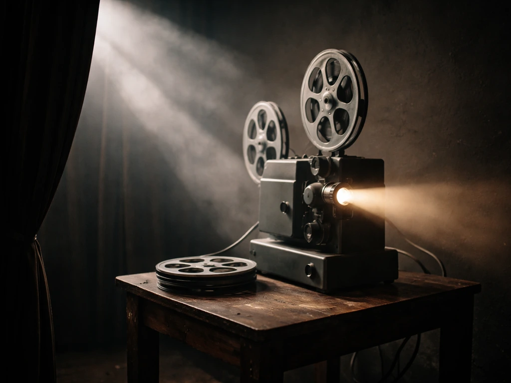Empty studio desk with a vintage movie projector and film reel, evoking German film-theatre work.