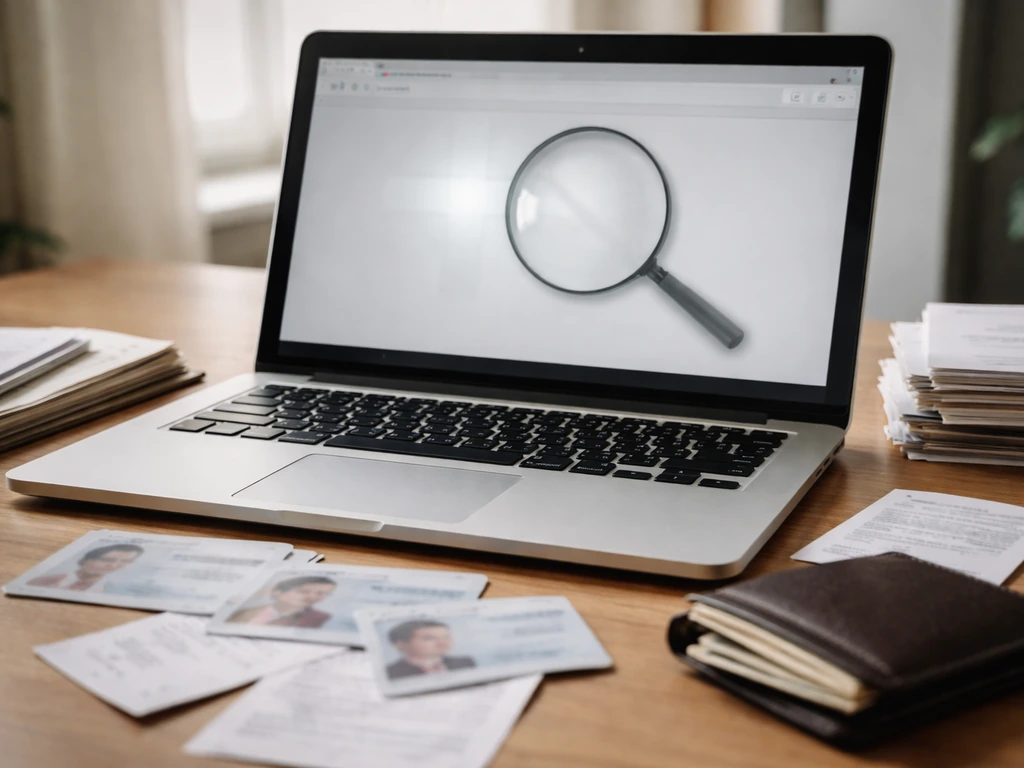 Desk with anonymous cards and documents beside a laptop, symbolizing finding the right person online for net worth resea
