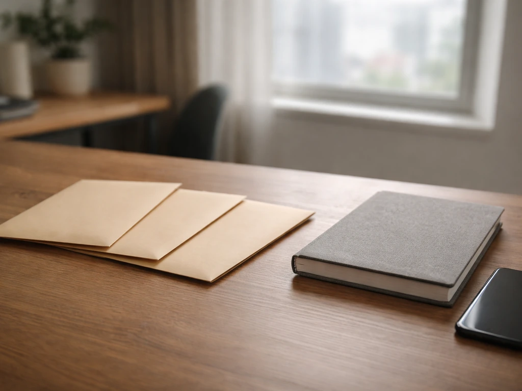 Minimal desk scene with several envelopes and a smartphone beside a notebook, symbolizing name disambiguation