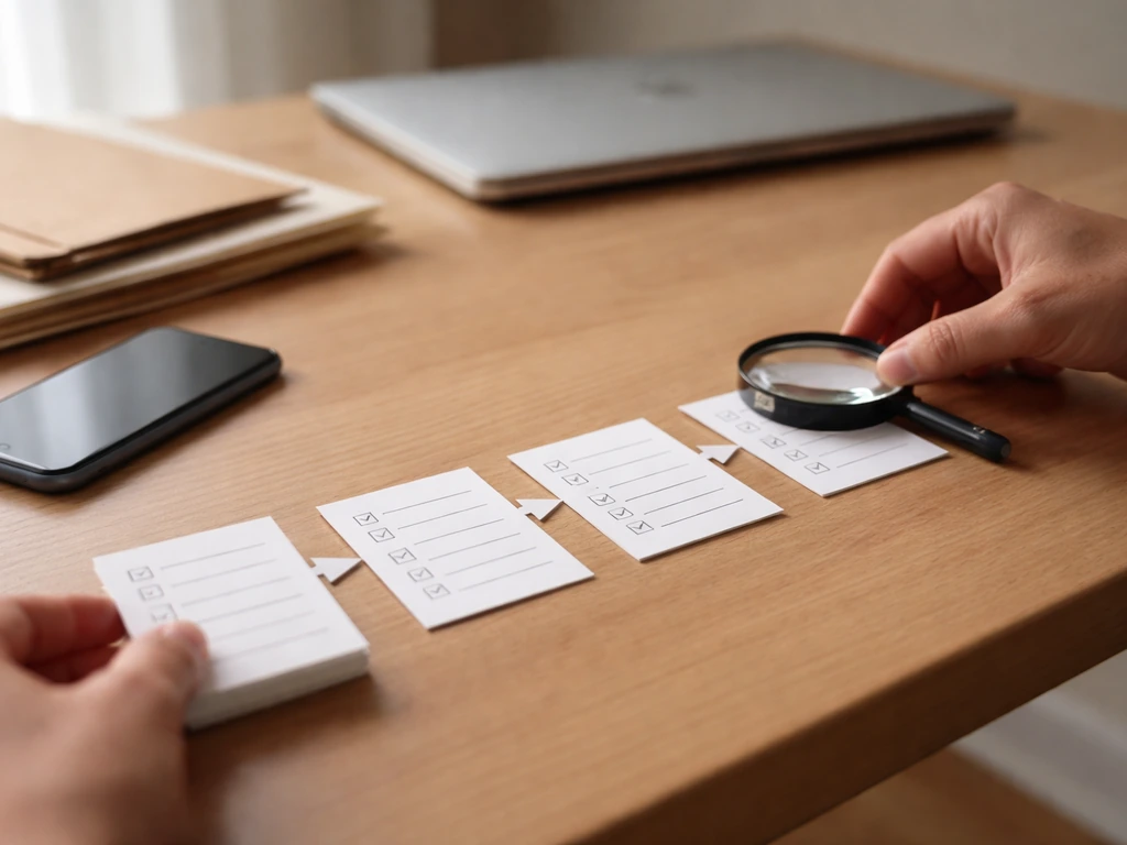 Hands sorting blank checklist cards on a desk, with laptop and magnifying glass suggesting verified research steps.