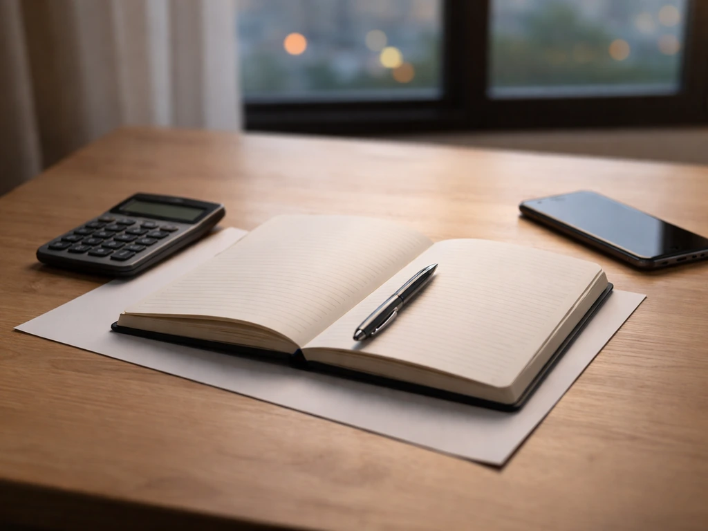 Minimal office desk with a notebook and calculator, symbolizing interpreting a net worth figure.