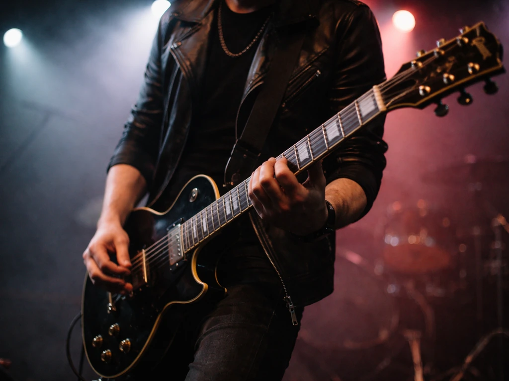 Anonymous rock guitarist performing onstage under soft colored lights, blurred concert background