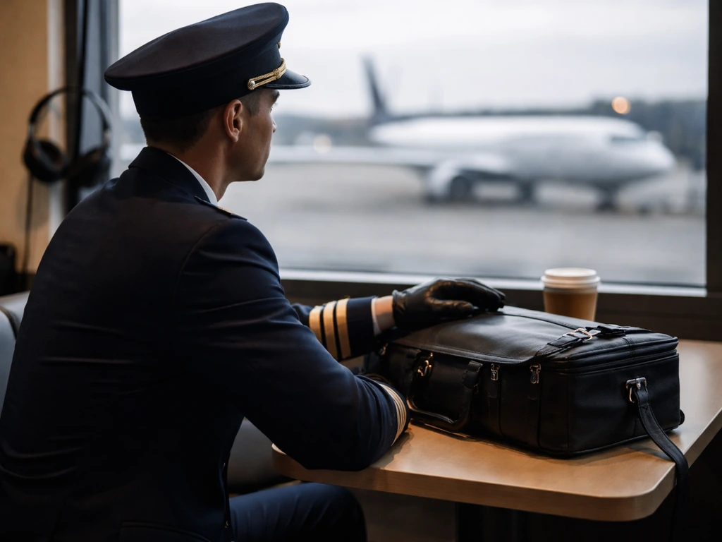 Anonymous Boeing 737 pilot in uniform seated near an airport window with a blurred aircraft outside