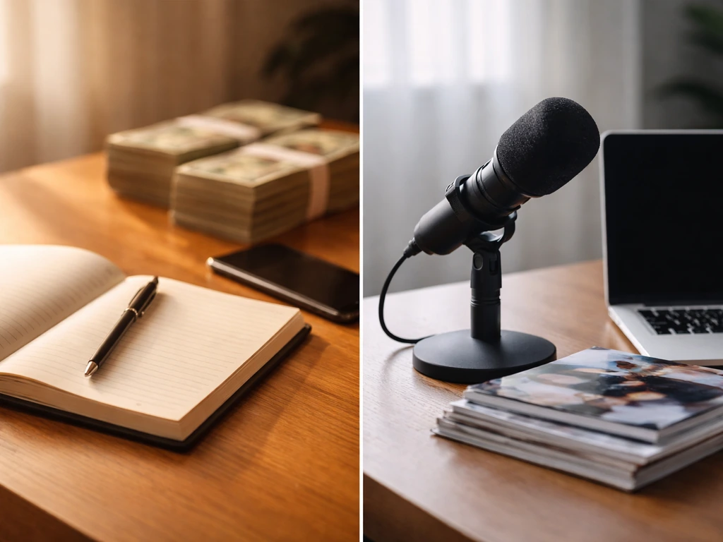 Minimal split-screen of anonymous money and media items suggesting differing net worth estimates