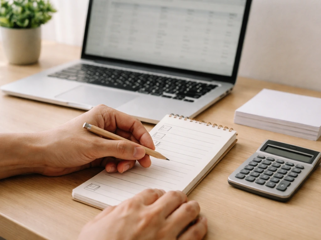 Close-up of hands writing a checklist beside a laptop and calculator, symbolizing step-by-step net worth research