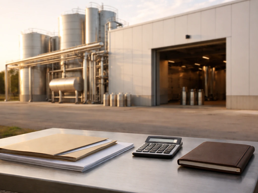 Minimal photo of a dairy processing facility with symbolic finance cues for estimating private company value.