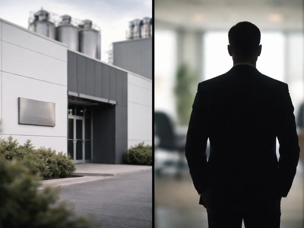 Minimal split scene suggesting company headquarters versus an anonymous executive silhouette, no text or logos.