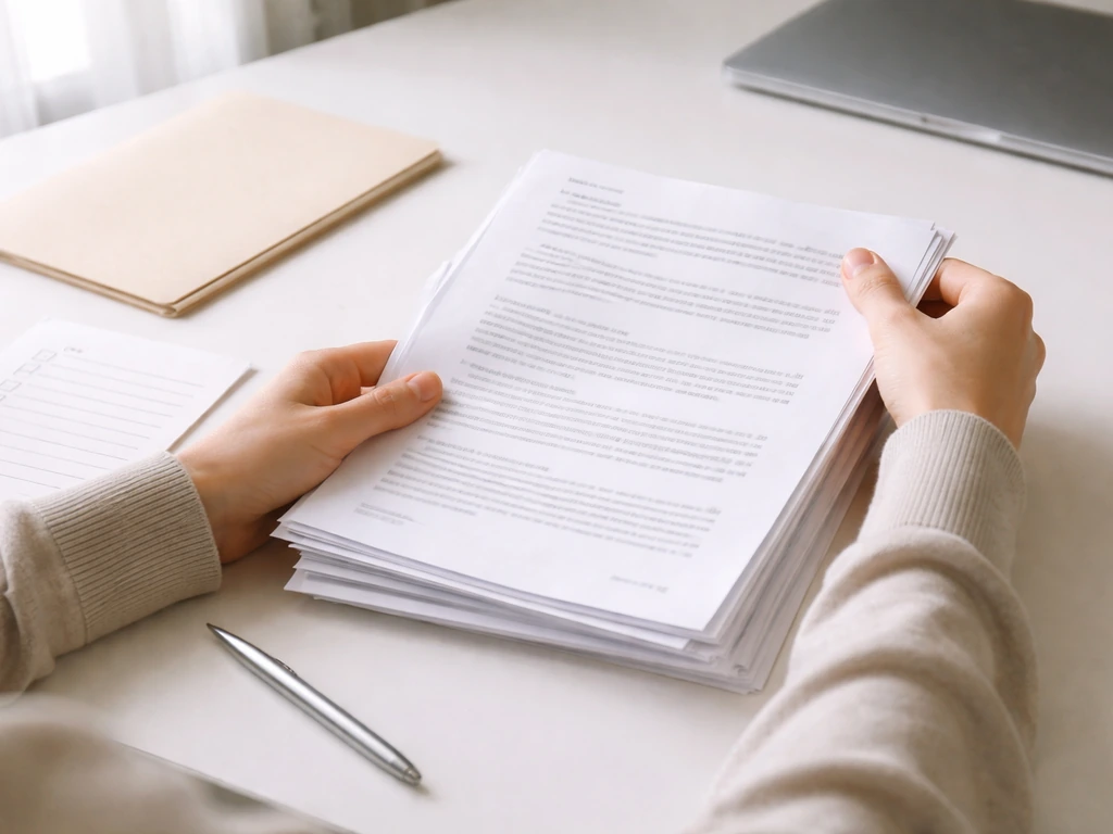 Hand arranging a small stack of printed press releases and a checklist near a laptop showing only charts-free documents.