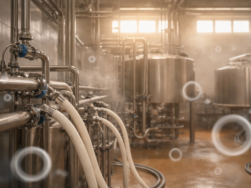 Dairy processing facility with a soft, blurred glow of floating valuation-multiple shapes, symbolic concept