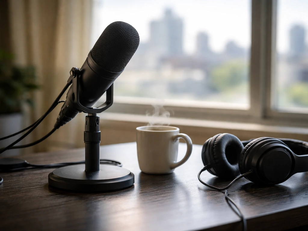 Close-up of a studio microphone and headphones on a desk with a blurred city skyline in daylight.