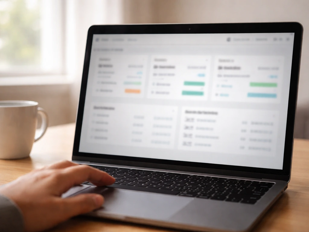 Close-up of a laptop analytics dashboard with blurred, unreadable revenue metrics and a hand on the trackpad.