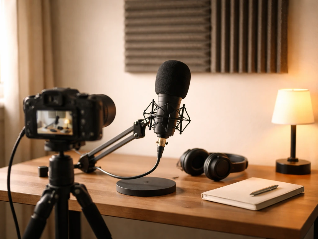 A tidy home studio desk setup with microphone and a camera on a tripod for a weekly video show.