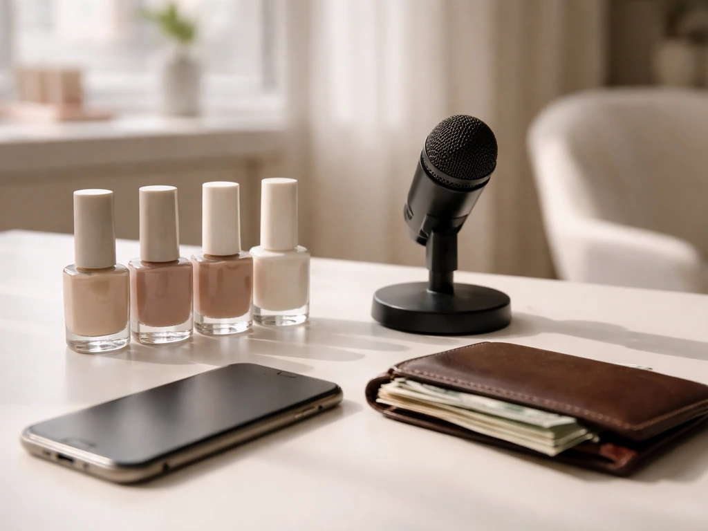 Beauty-business desk scene with cash and OPI-style polish bottles, symbolizing net-worth estimation and verification