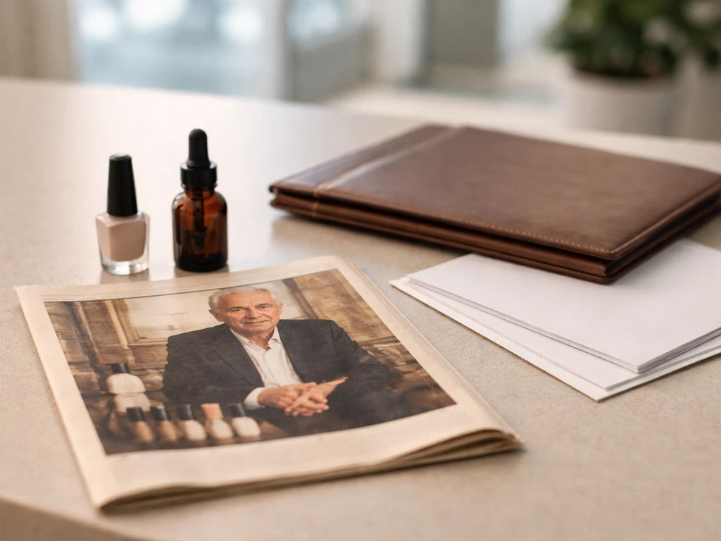 Minimal desk scene with a blank vintage magazine page, beauty bottle, and business folder suggesting media and wealth.
