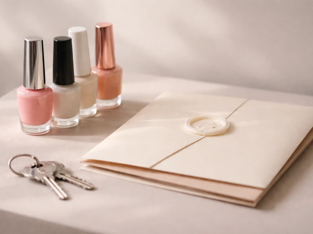 Zoomed-in view of nail polish bottles beside a closing-envelope and keys on a tidy desk.