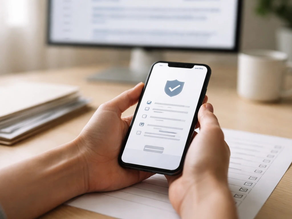 Anonymous hands check documents with a smartphone on a desk in natural light.