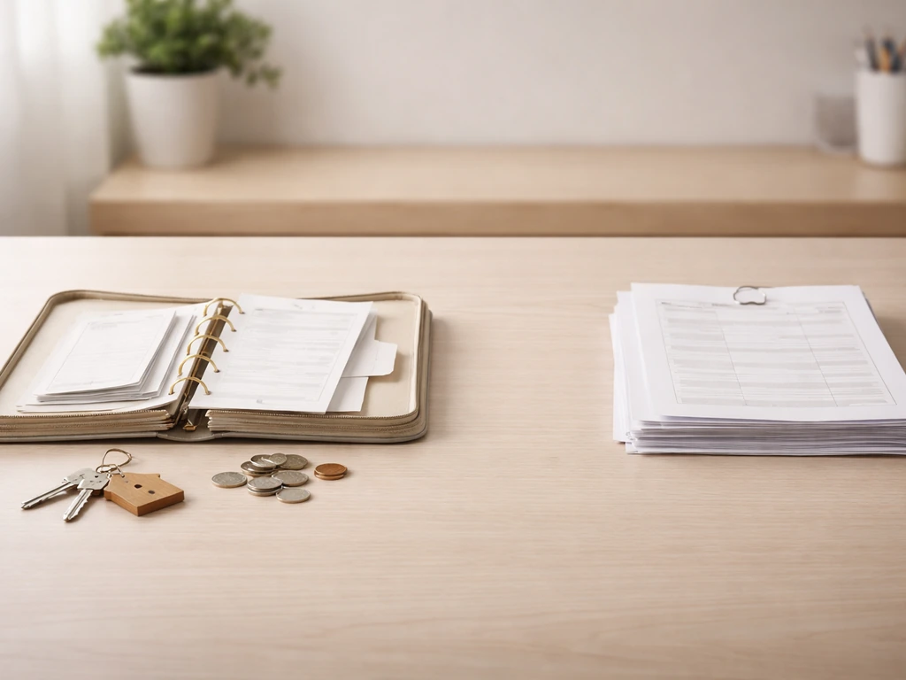 Simple objects showing net worth: savings/investment binder, keys, and loan paperwork on a desk