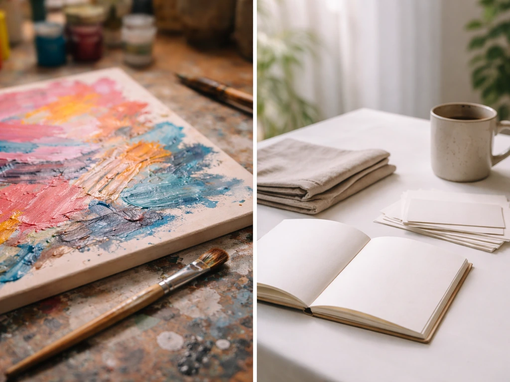 Split image: abstract painting close-up on left and an art journal with blank event materials on right.