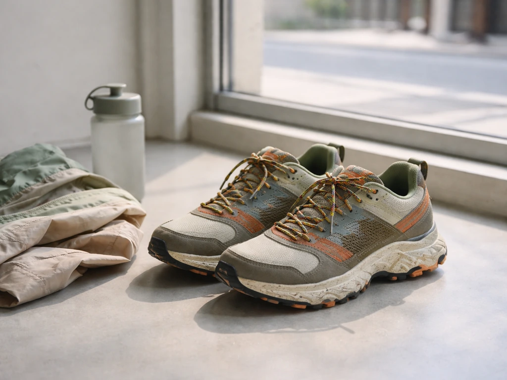 Modern running shoes and jacket by a window with blurred city view, branding-free collaboration vibe.