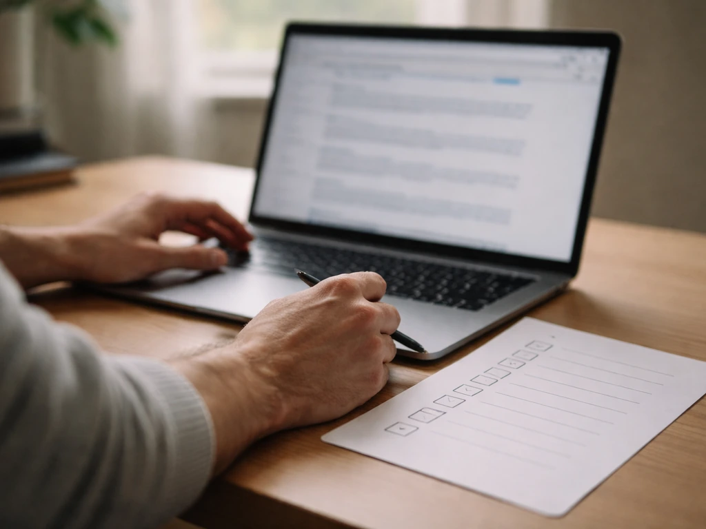 Person reviewing public business records on a laptop in a quiet office, using a checklist.