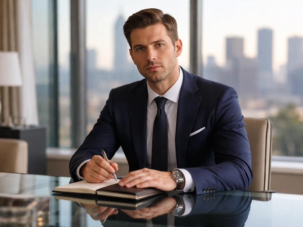 Generic businessman in a navy suit seated in a luxury office with blurred city skyline, natural light