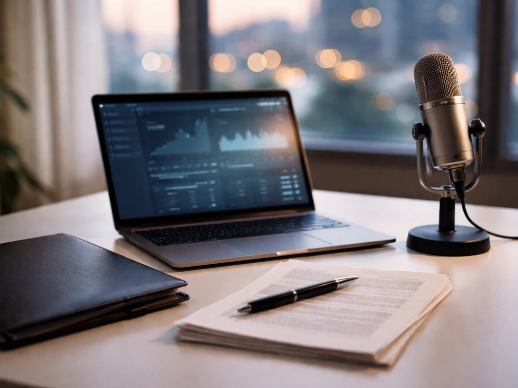 Close-up of a money-focused entrepreneur setup: laptop beside documents and a sleek microphone in a quiet room