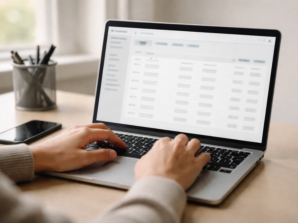 Laptop showing an empty browser search page with an SEC-style filings layout, no readable text