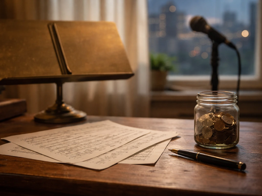 Coins in a glass jar and scattered sheet music on a desk with a microphone in soft background light.