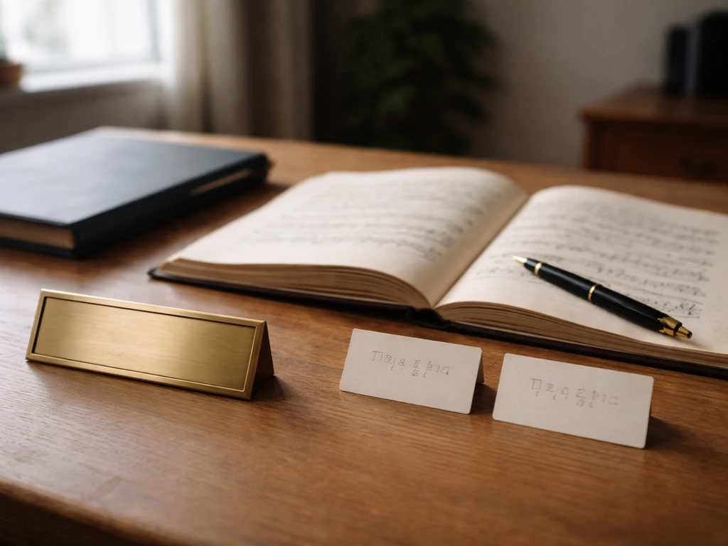 Minimal desk scene with an open book, music score, and date cards indicating identity context.