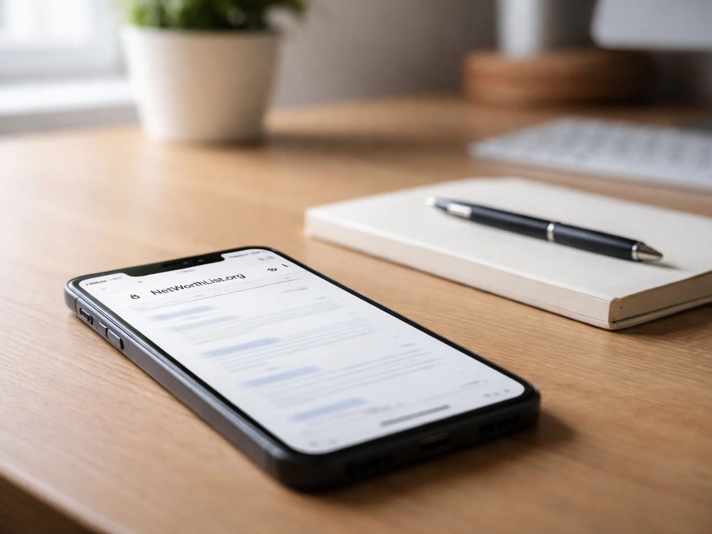 Minimal desk scene with a phone showing a generic source page concept labeled NetWorthList.org