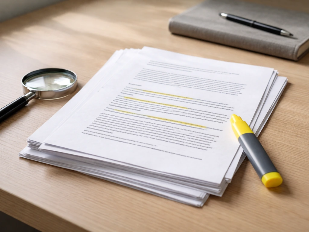 Minimal desk scene with highlighted estate-record pages, magnifying glass, and highlighter for self-verification.