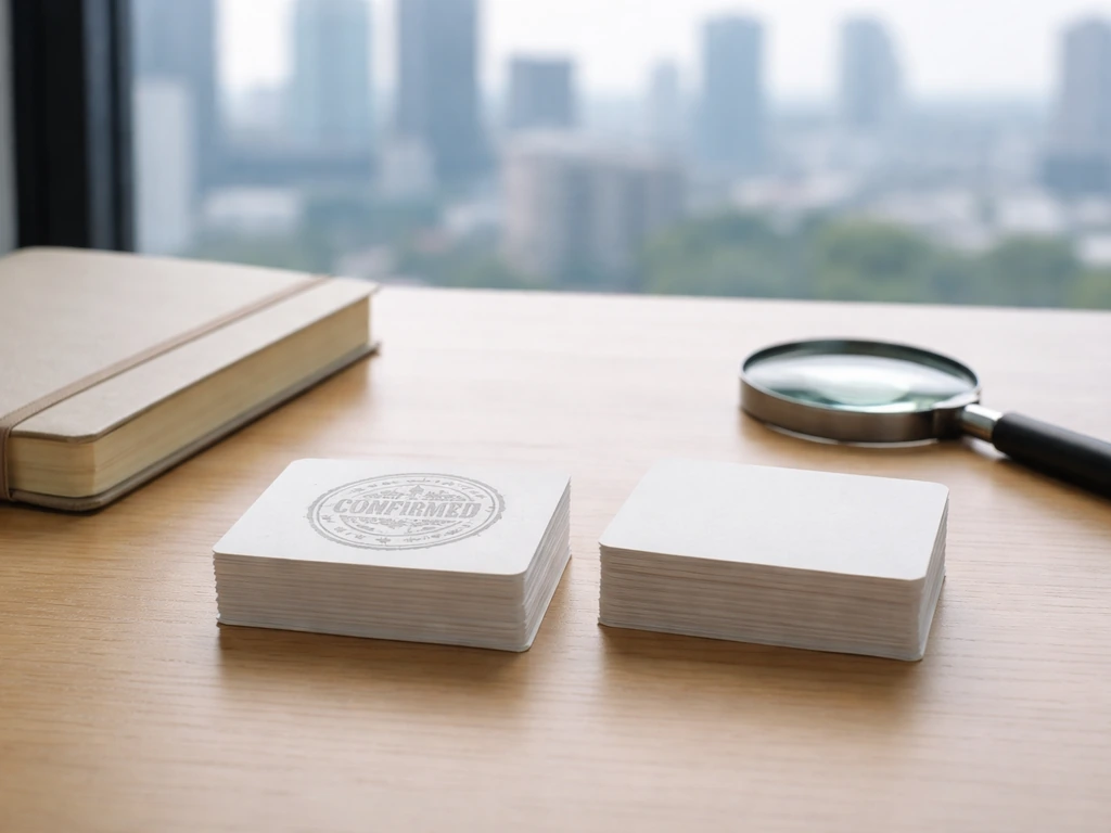 Minimal desk with magnifying glass and two card stacks, one subtly stamped, implying confirmed vs estimated.