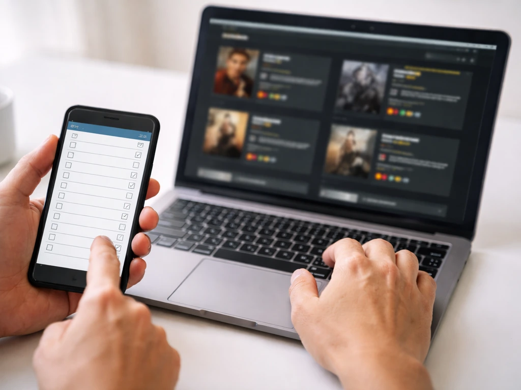 Hands cross-referencing blurred Rotten Tomatoes and Metacritic-style lists into a tracking sheet on laptop and phone.