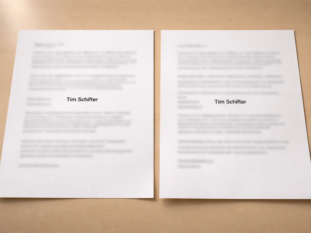Two blurred documents on a desk showing different “Tim Schifter” name entries, identity check style