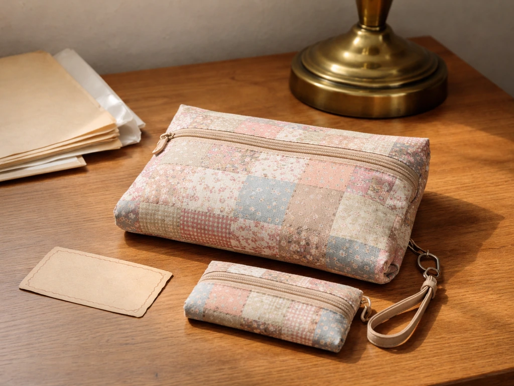 Close-up of a lightweight nylon bag and vintage branding card on a wooden desk, no people.