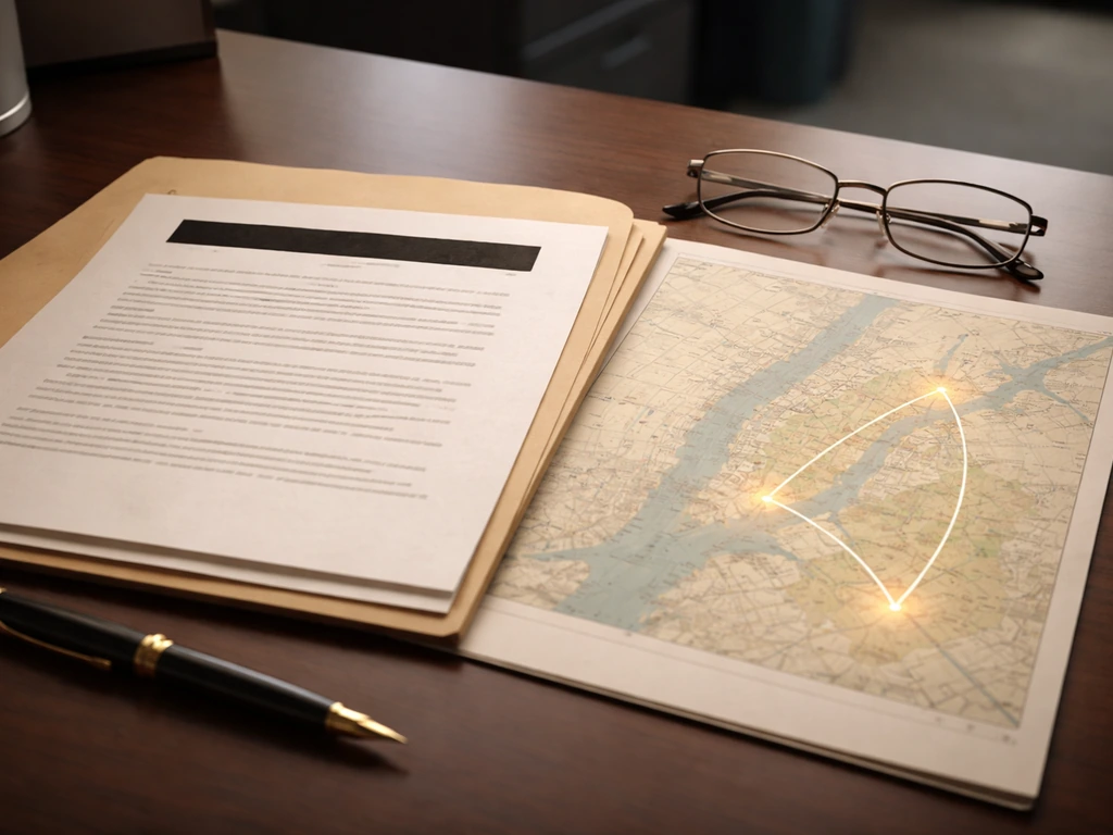 Minimal desk scene with a redacted transaction folder and a route map linking New York to a distant buyer city.