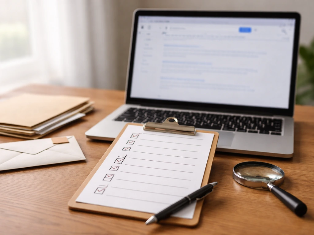 Handheld checklist next to an open laptop and office documents, symbolizing self-verification steps.