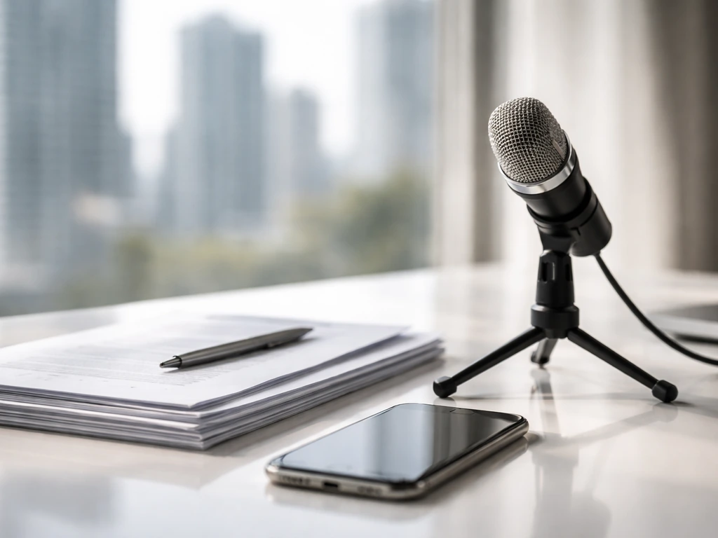 Minimal desk scene with business documents and a microphone symbolizing media finance analysis