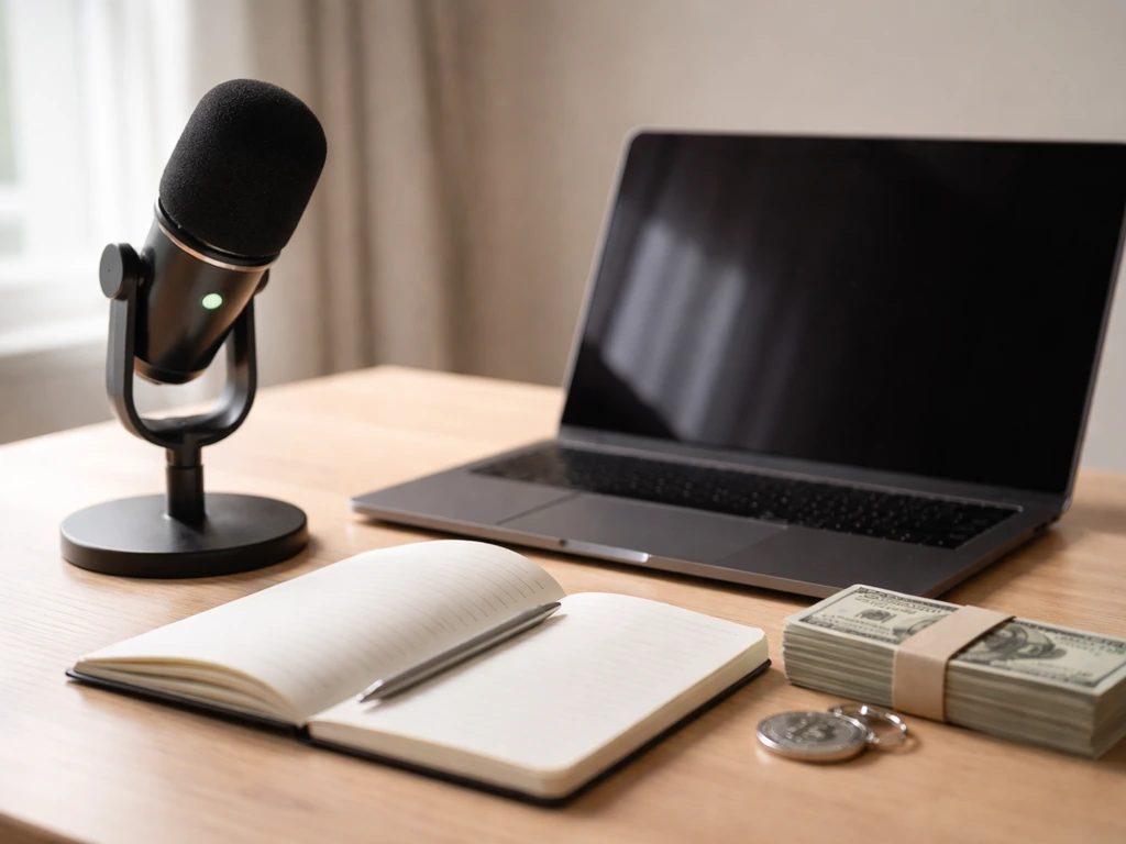 Minimal desk scene with a studio microphone, laptop, blank notebook, and stacked cash suggesting wealth sources