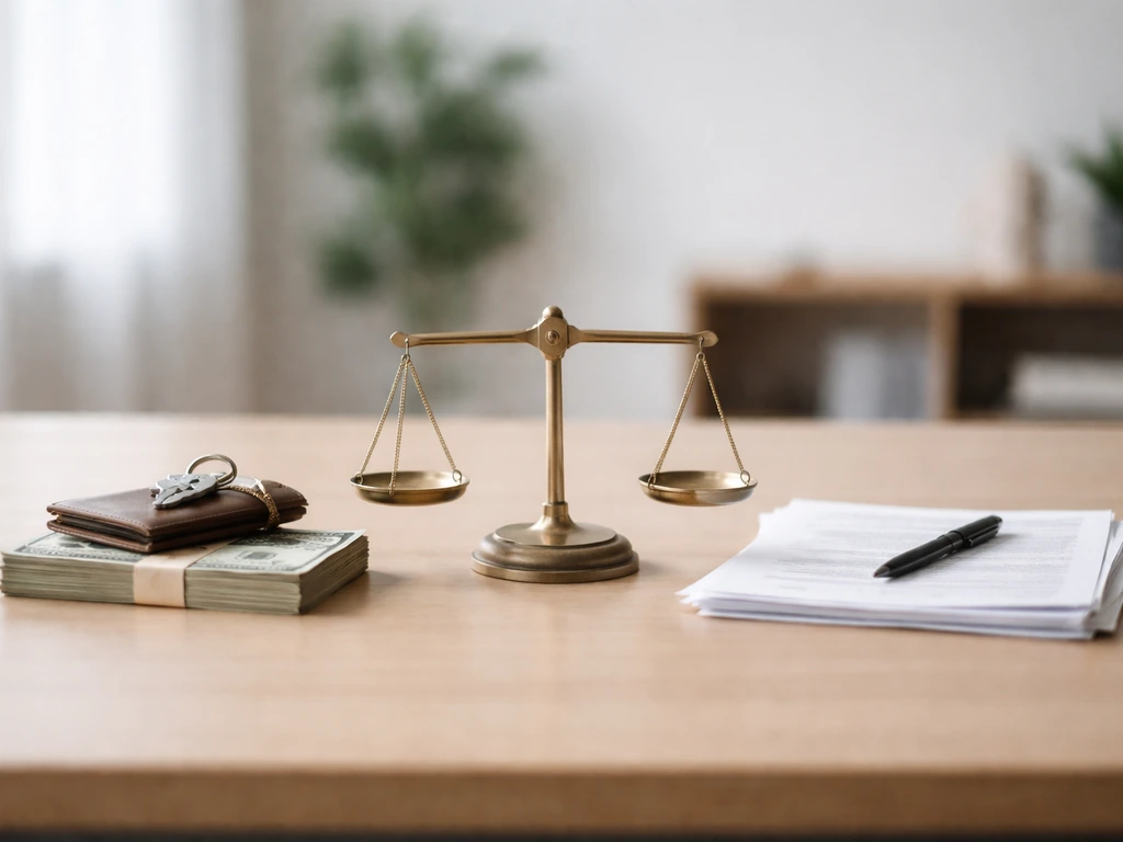 Desk scene with assets on one side and liability documents on the other, with a small balance scale.
