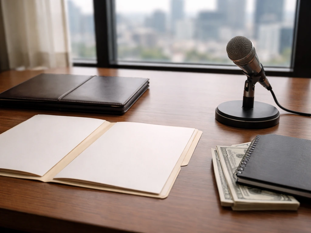 Minimal office desk with a blank folder, portfolio, microphone, and money symbolizing financial pathways