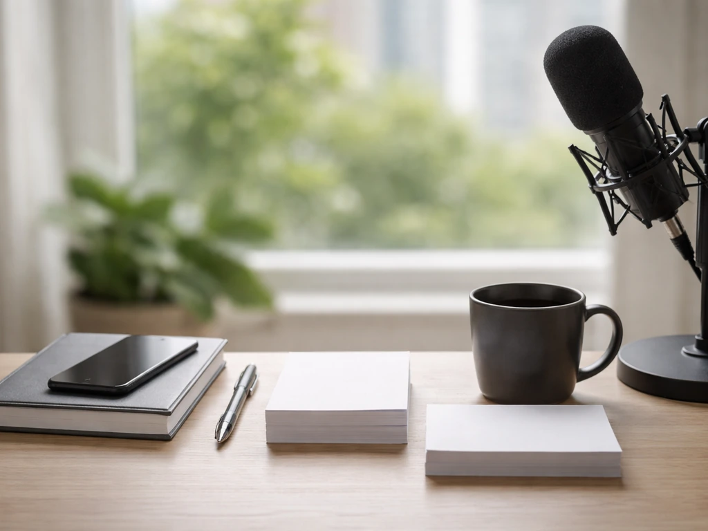 Minimal desk scene with a microphone, notebook, and money-themed finance atmosphere in natural light.