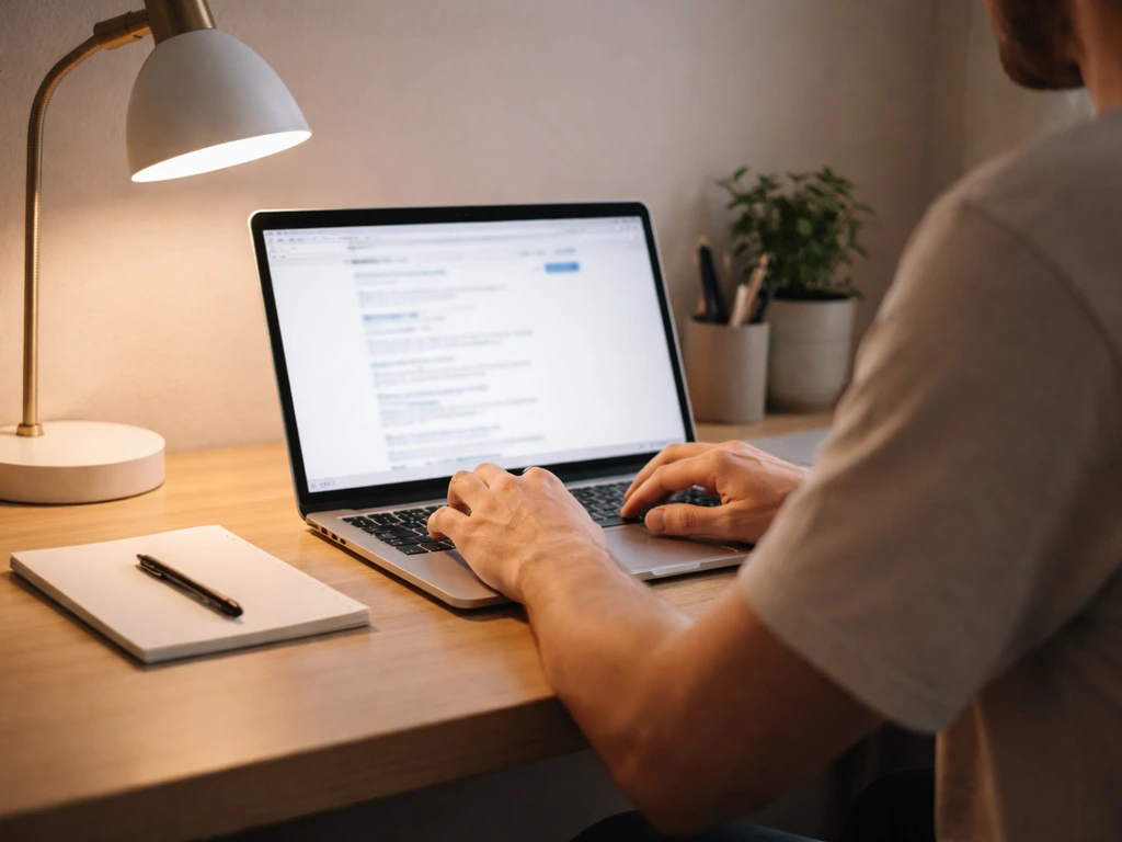 Person using a laptop search engine to disambiguate a common surname query with generic results.