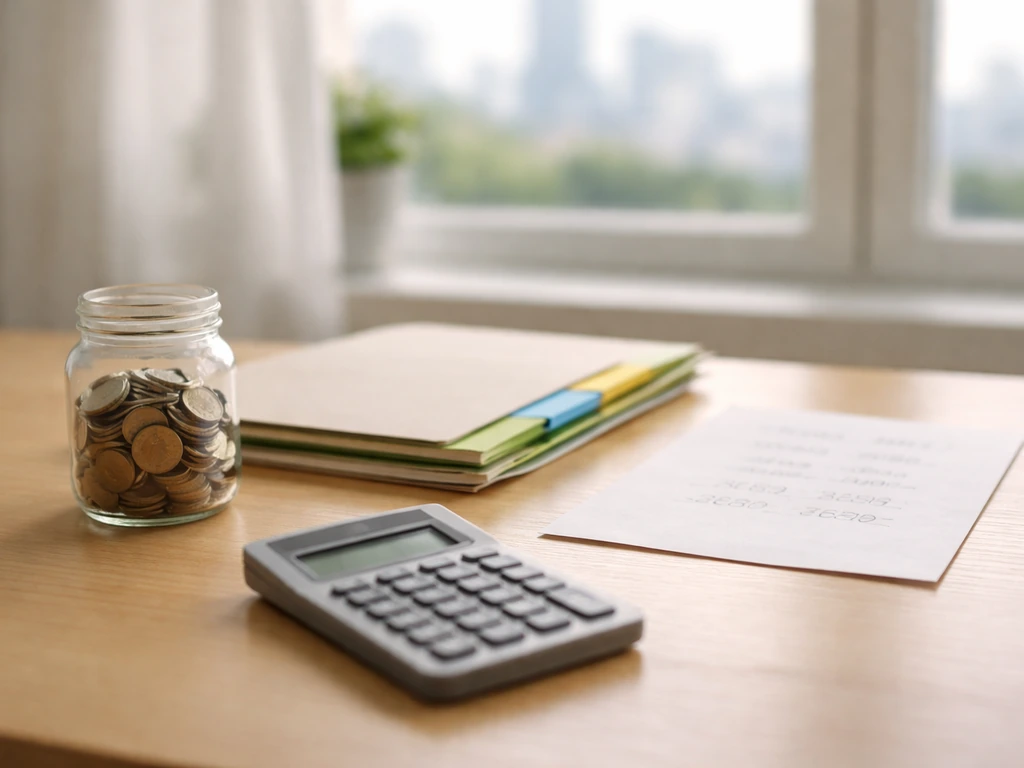 Minimal home office desk showing objects that symbolize assets and debts for a family net worth estimate.