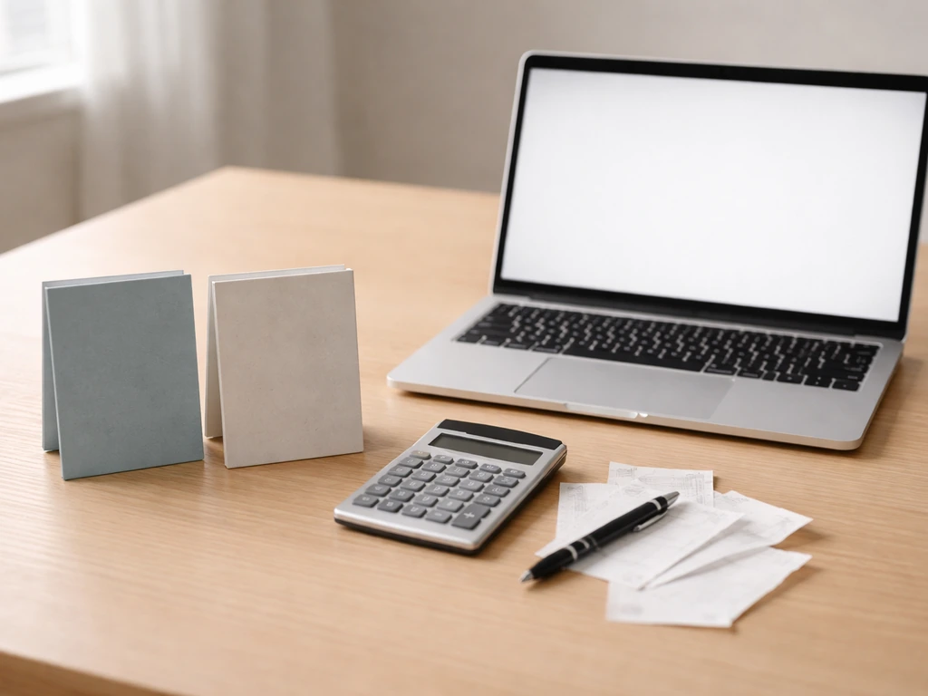 Minimal office desk with laptop, calculator, and side-by-side folders suggesting confirmed vs estimated figures