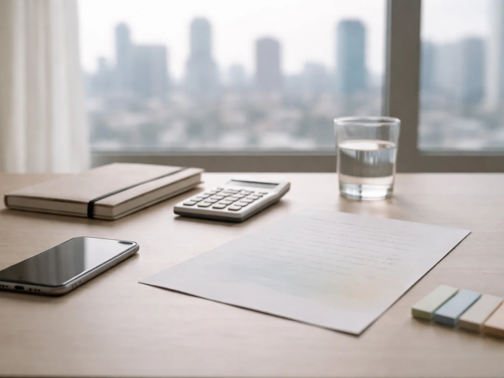 Minimal finance desk with blurred notes and calculator, symbolizing responsible net-worth range methodology.