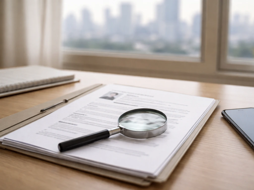 Minimal office scene with papers, magnifying glass, and a blurred finance-themed background suggesting net-worth researc