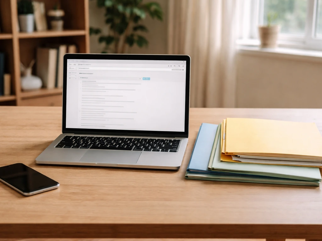 Minimal desk scene with laptop and folders suggesting public-data identity research for wealth analysis
